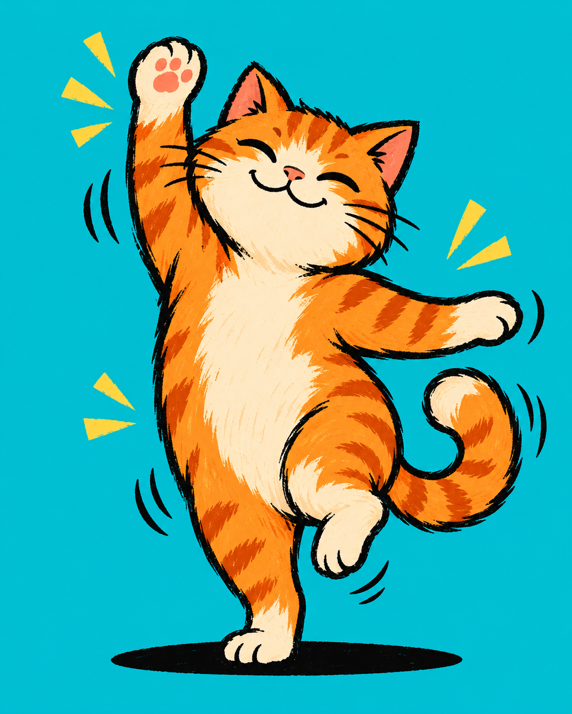 A cheerful illustrated orange cat dancing on a cyan background